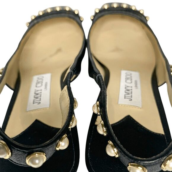 Jimmy Choo Hya 45 Pearl Stud Slingback Pump Black Leather Block Heel Size 37 - Picture 7 of 11